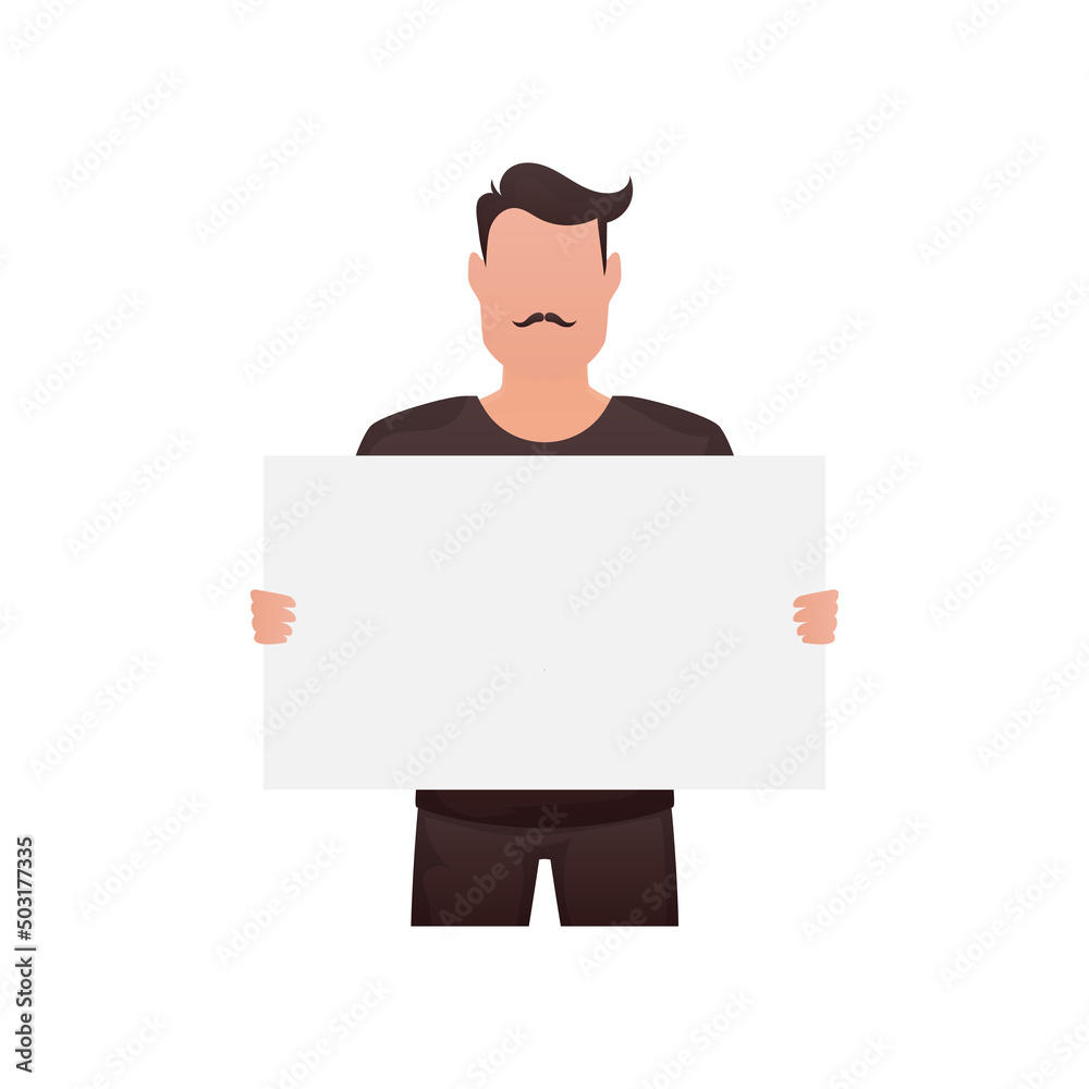 A man of athletic build holds a blank sheet in his hands. Isolated. Cartoon style. A man of athletic build holds a blank sheet in his hands. Isolated. Cartoon style.