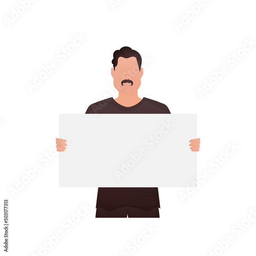 A young strong guy stands waist-deep and holds an empty sign in his hands. Isolated. Cartoon style.