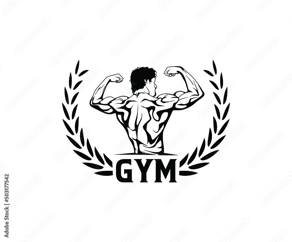 old school bodybuilder gym logo with laurel wreath. old school bodybuilder gym logo with laurel wreath.