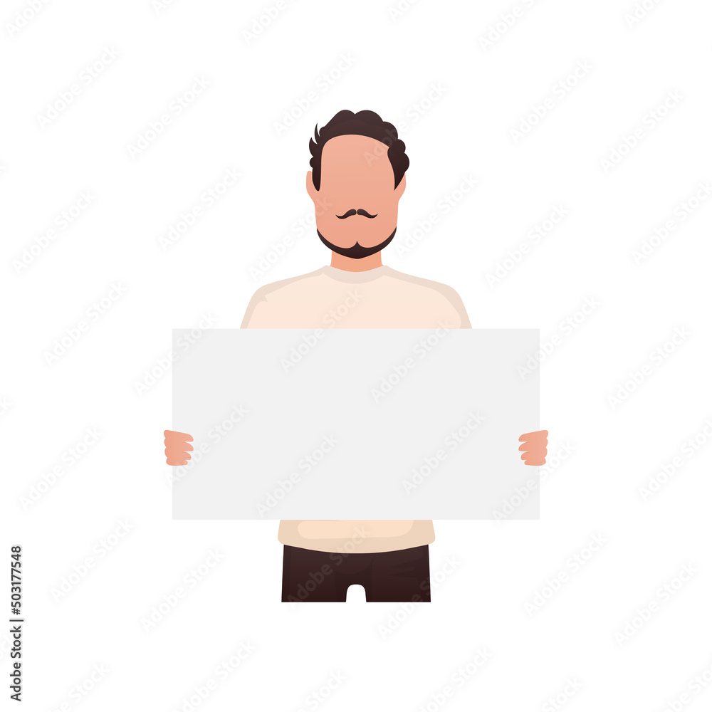 A guy of strong physique stands waist-deep and holds a blank sheet in his hands. Isolated. Cartoon style. A guy of strong physique stands waist-deep and holds a blank sheet in his hands. Isolated. Cartoon style.