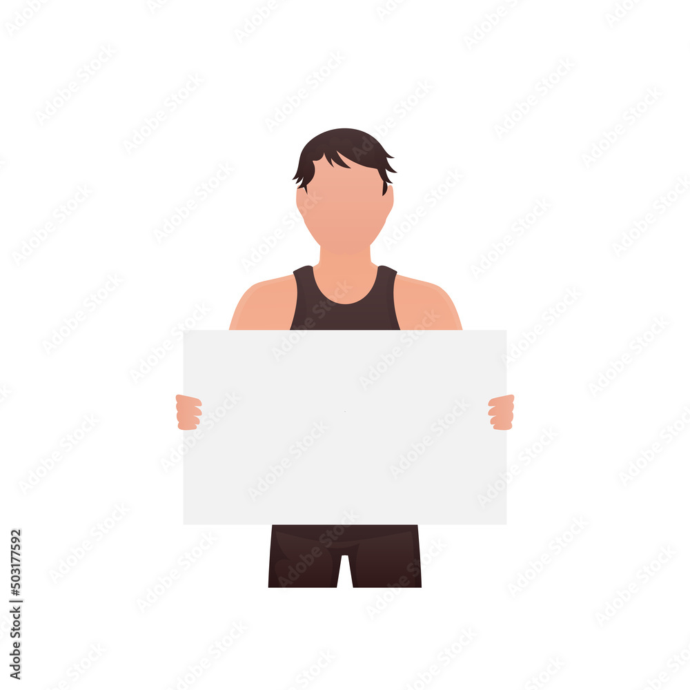 A man holds an empty space for advertising in his hands. Isolated. Cartoon style. A man holds an empty space for advertising in his hands. Isolated. Cartoon style.