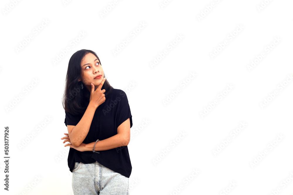 Beautiful Asian Woman Wearing white Color Shirt Thinking gesture Isolated On White Background Beautiful Asian Woman Wearing white Color Shirt Thinking gesture Isolated On White Background