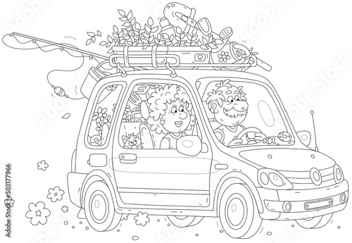Happy grandpa and grandma with a funny cat, household things and seedlings driving in their car to the country on summer vacation, black and white vector cartoon illustration