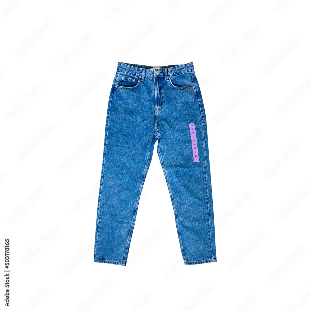 Female jeans mom fit isolated on white background. Back view. Jeans with high waist. Casual style. Female jeans mom fit isolated on white background. Back view. Jeans with high waist. Casual style.