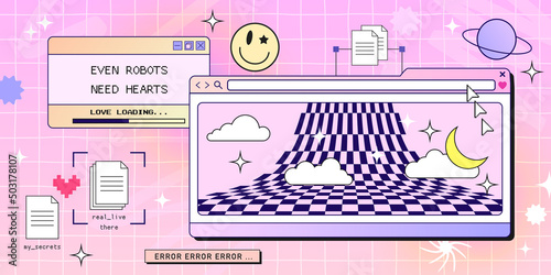 Retro browser computer window in 90s vaporwave style with smile face hipster stickers. Retrowave pc desktop with message boxes and popup user interface elements, Vector illustration of UI and UX