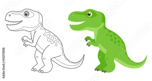 Coloring page outline of cartoon tyrannosaurus rex. Funny vector dinosaur. T-rex. Simple flat illustration. Coloring book for children.