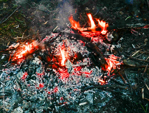 View of a fire with smoldering coals from firewood.