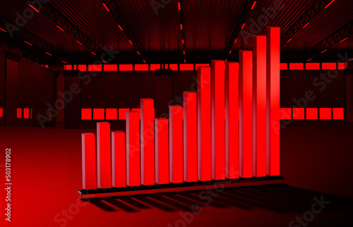 Warehouse business concept. Growing graph in warehouse hangar. Graph symbolizes growth of what area. Dynamics to income of warehouse company. Red neon infographic in empty building. 3d rendering. © Grispb