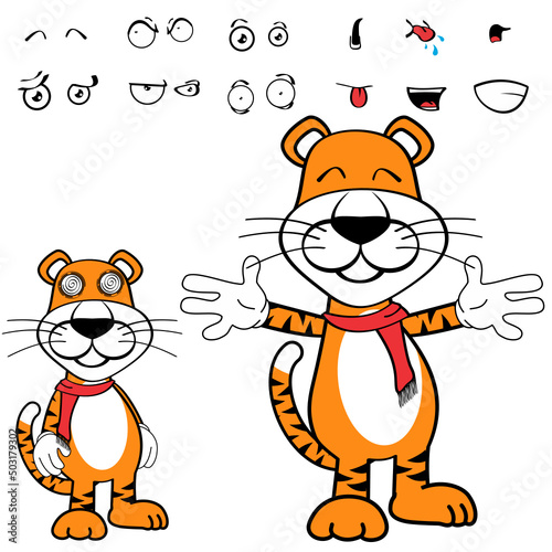 funny standing tiger cartoon kawaii expressions pack in vector format