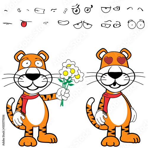 funny standing tiger cartoon kawaii expressions pack in vector format