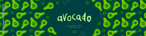 Vector avocado pattern seamless. Avocados decoration for oil label, packaging design. Vegetarian background. Avocados backdrop. Ornament with drawings of vegetables. Green vegan wallpaper for banner.