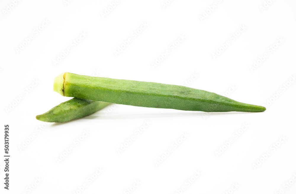vertically view, fresh okra isolated on white background vertically view, fresh okra isolated on white background
