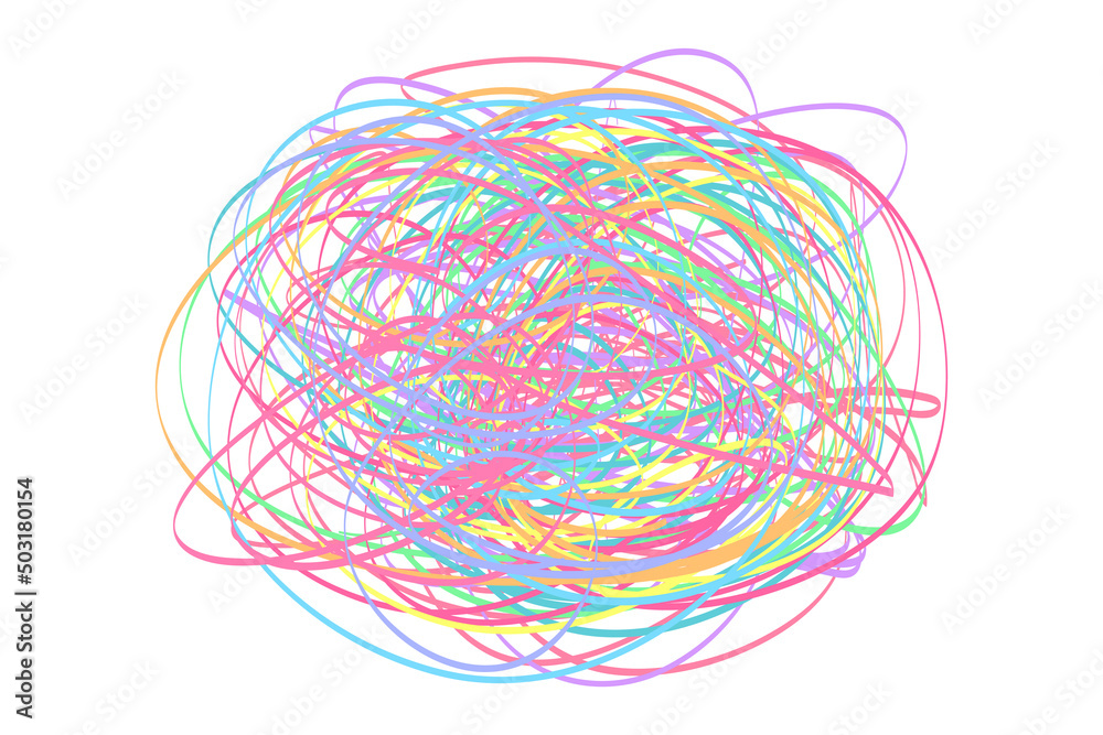 Colorful tangled on white. Chaos pattern. Scribble sketch. Bright background with array of lines. Intricate chaotic texture. Art creation. Print for polygraphy, posters and t-shirts