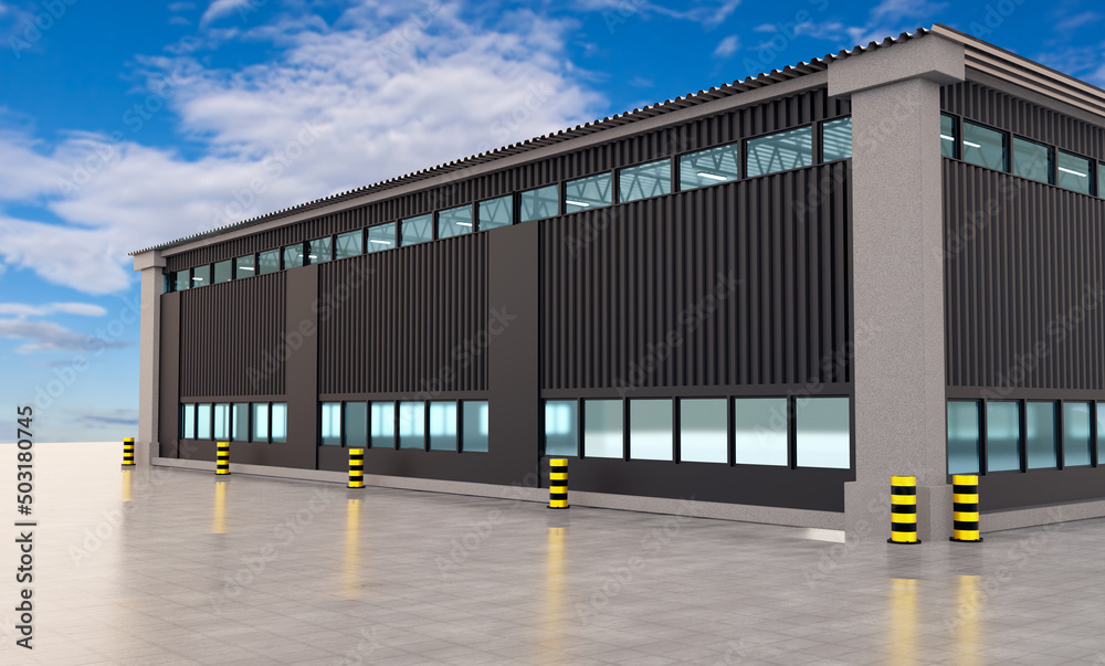 Industrial hangar. Concrete pad next to industrial hangar. Hangar with industrial plant exterior. Factory building on blue sky background. Visualization plant building. 3d rendering.