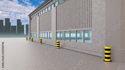 Distribution warehouse facade. Distribution center building in summer weather. Skyline with skyscrapers behind distribution warehouse. Spacious concrete pad next to building. 3d rendering.