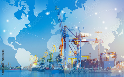 Sea transportation of goods. World map in front of seaport. Cranes for loading containers onto ships. International supply chain Concept. Port for sending goods by sea. Import in global market