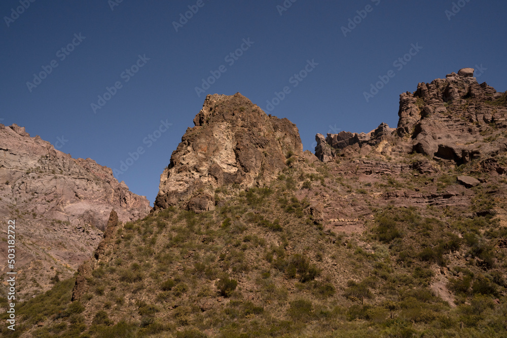 View of the arid desert and rocky mountains under a blue sky. 