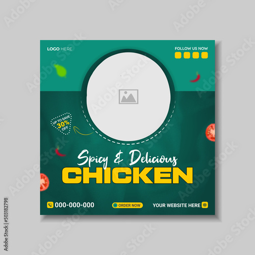 Spicy and delicious chicken fast food menu social media post design template