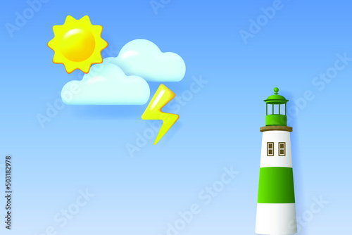 Seascape. Green realistic lighthouse on the cloudy sky background
