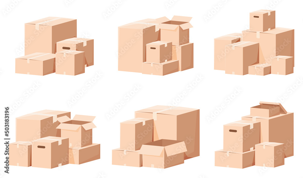 Set of cardboard boxes in different angles. Vector illustration on a white background Set of cardboard boxes in different angles. Vector illustration on a white background