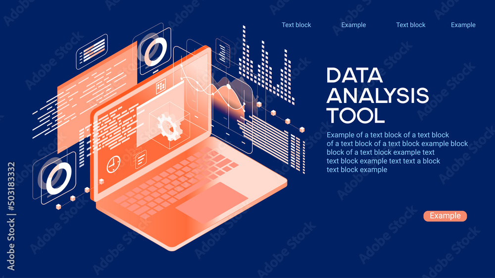 А team of people build a chart and graphs. Concept of the idea of innovative data analysis. Data analysis. Page template. 3d isometric illustration