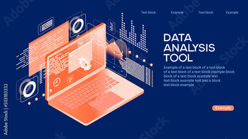 А team of people build a chart and graphs. Concept of the idea of innovative data analysis. Data analysis. Page template. 3d isometric illustration