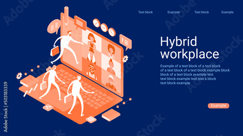 Effective online business. A hybrid team with work from home or office. Flexible workspace structure. Video call for effective business. Removed online capabilities. Employment concept.