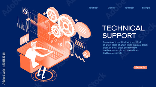 Technical support illustration concept. Modern business technology. Technical support engineer with computer at work. Design concepts for web banners. 3D vector isometric illustration.