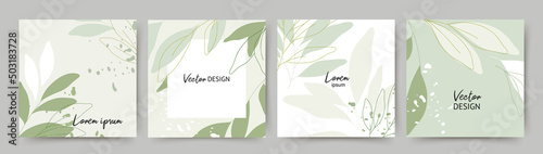 Spring summer green square backgrounds. Minimalistic style with floral elements. Editable vector template for card, banner,  invitation, social media post, poster, mobile apps, web ads © Feodora_21