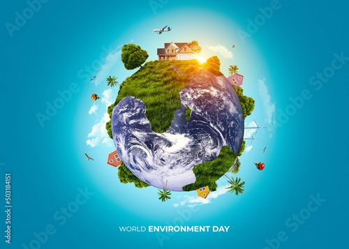 Fototapeta Naklejka Na Ścianę i Meble -  World environment day text with a full view of planet earth and nature landscape creative concept image manipulation.