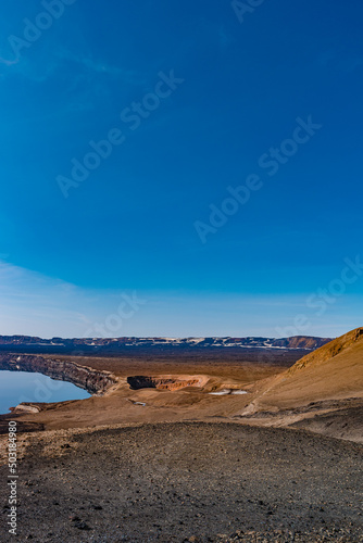 Icelandic landscape of colorful volcanic caldera Askja  Viti crater lake in the middle of volcanic desert in Highlands  with red  turquoise volcano soil and hiking trail  Iceland