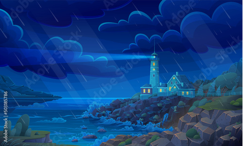 Fotografija Night view of seacoast with lighthouse during rain