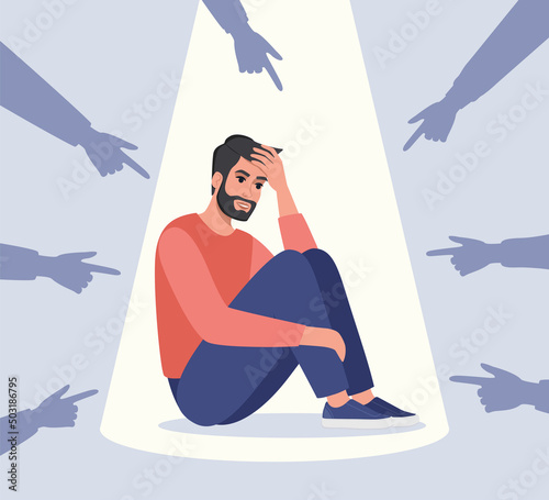Sad or depressed young man surrounded by hands with index fingers pointing at him. Concept of quilt, accusation, public censure and victim blaming. Flat vector illustration.