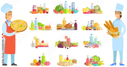Male chef standing with hot pizza, dish of italian cuisine in hands. Female bakehouse worker holding hot bakery in bread basket. Professional bakers stand surrounded by healthy and junk food sets