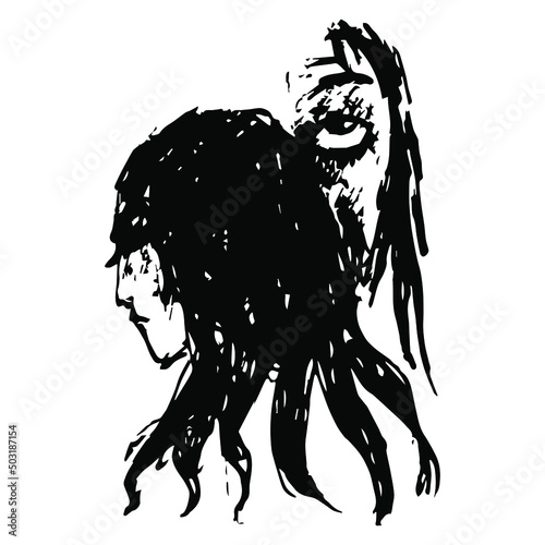 Two human heads. Jesus Christ and Mary Magdalene. Man and woman. Hand drawn linear doodle rough sketch. Black silhouette on white background.