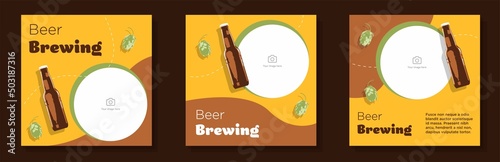 Beer brewing shop social media post, banner set, hop plant, beer bottle advertisement concept, countryside wheat brewery marketing square ad, abstract print, isolated on background