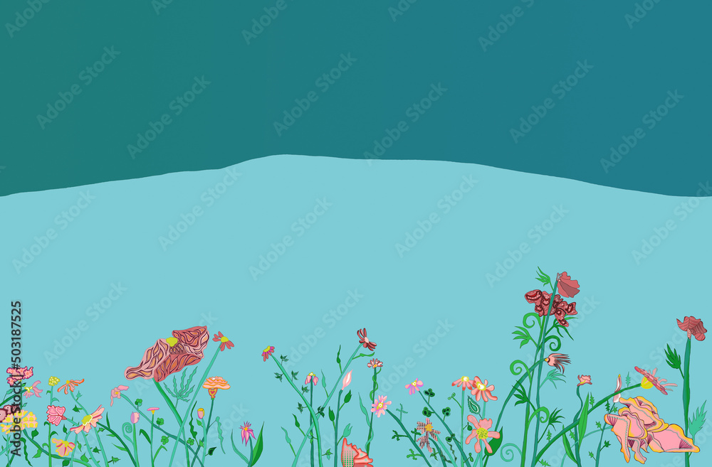 Ilustracja motyw roślinny kolorowe kwiaty na niebieskim tle	 - obrazy, fototapety, plakaty 