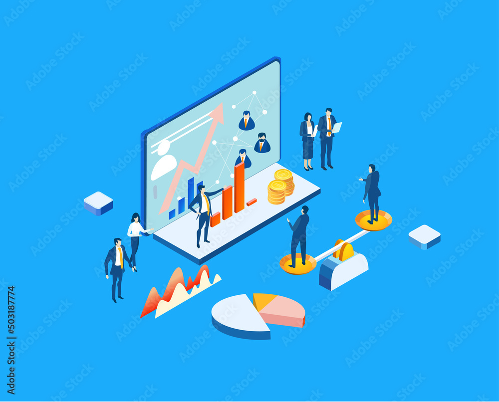 Business people reading graphs, analysing data, make decisions, developing and improving working process. Isometric infographic illustration. Business people reading graphs, analysing data, make decisions, developing and improving working process. Isometric infographic illustration.