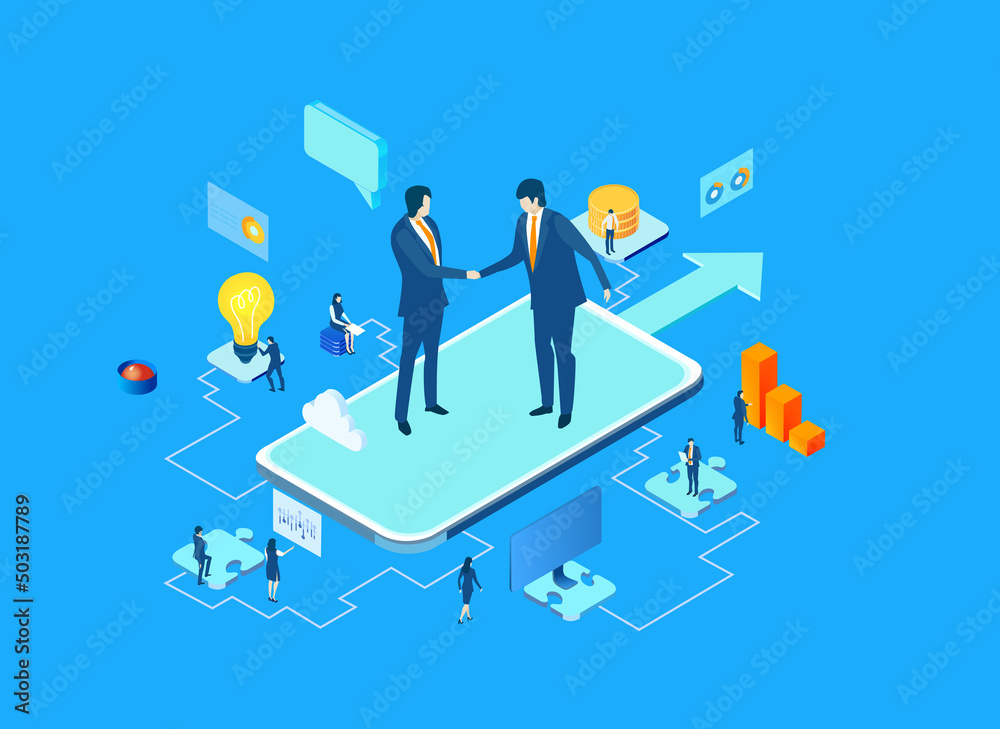 Isometric business environment. Business people shake hands, agreement to work as team, new business, start up, technology, computing, automatisation concept Isometric business environment. Business people shake hands, agreement to work as team, new business, start up, technology, computing, automatisation concept