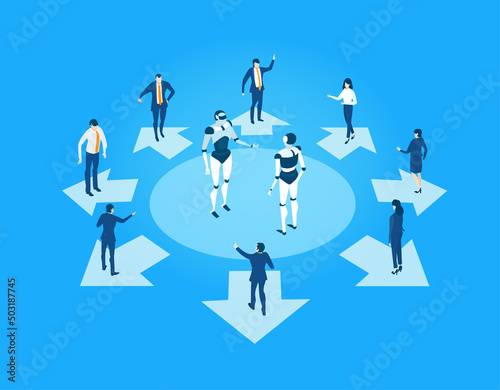 Isometric business environment. Business management infographic. Isometric working space, business people working together with robots