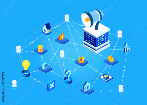 Isometric business environment. Information and control centre concept illustration