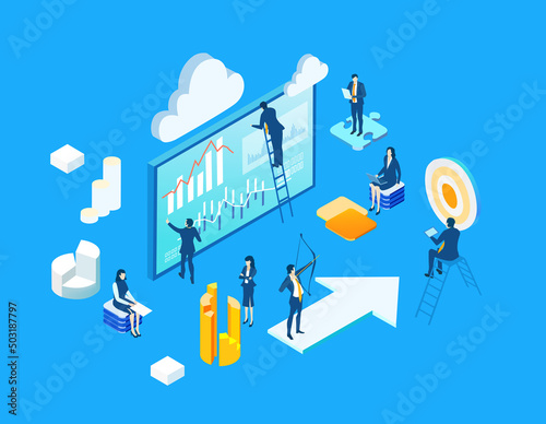  Business people reading graphs, analysing data, make decisions, developing and improving working process. Isometric infographic illustration.
