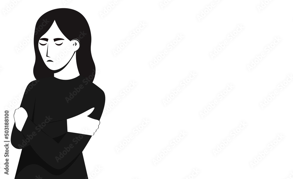 The sad young woman turned away and hugged herself. The girl is depressed. Space for text. A difficult life period for a person. Sadness and mourning. Flat vector illustration