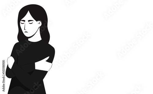 The sad young woman turned away and hugged herself. The girl is depressed. Space for text. A difficult life period for a person. Sadness and mourning. Flat vector illustration