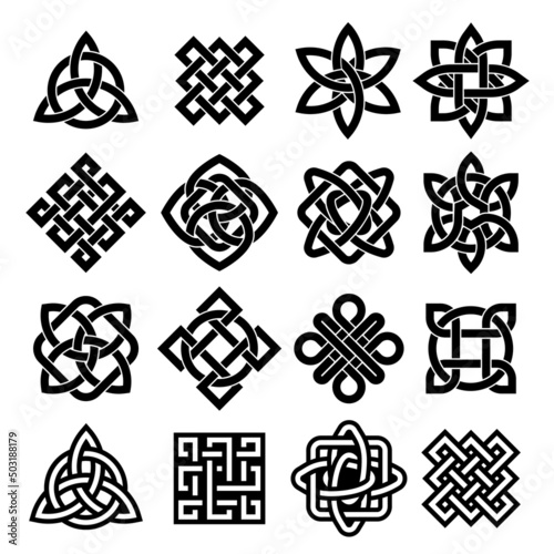 Celtic trinity. Irish knot, pagan tattoo icon and intertwined line loop. Interconnection silhouette vector symbol set
