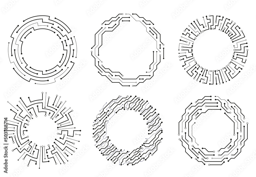 Circuit board circle frames. Abstract digital round frame, hardware board and elictronic motherboard pattern vector set