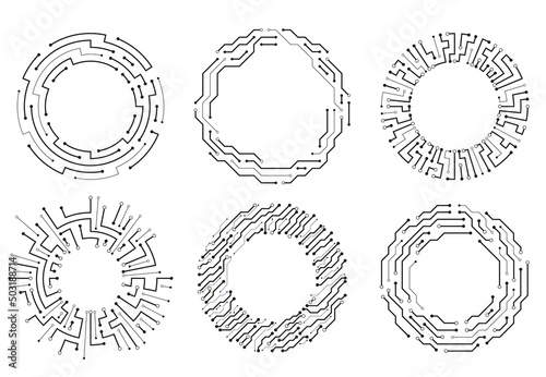Circuit board circle frames. Abstract digital round frame, hardware board and elictronic motherboard pattern vector set