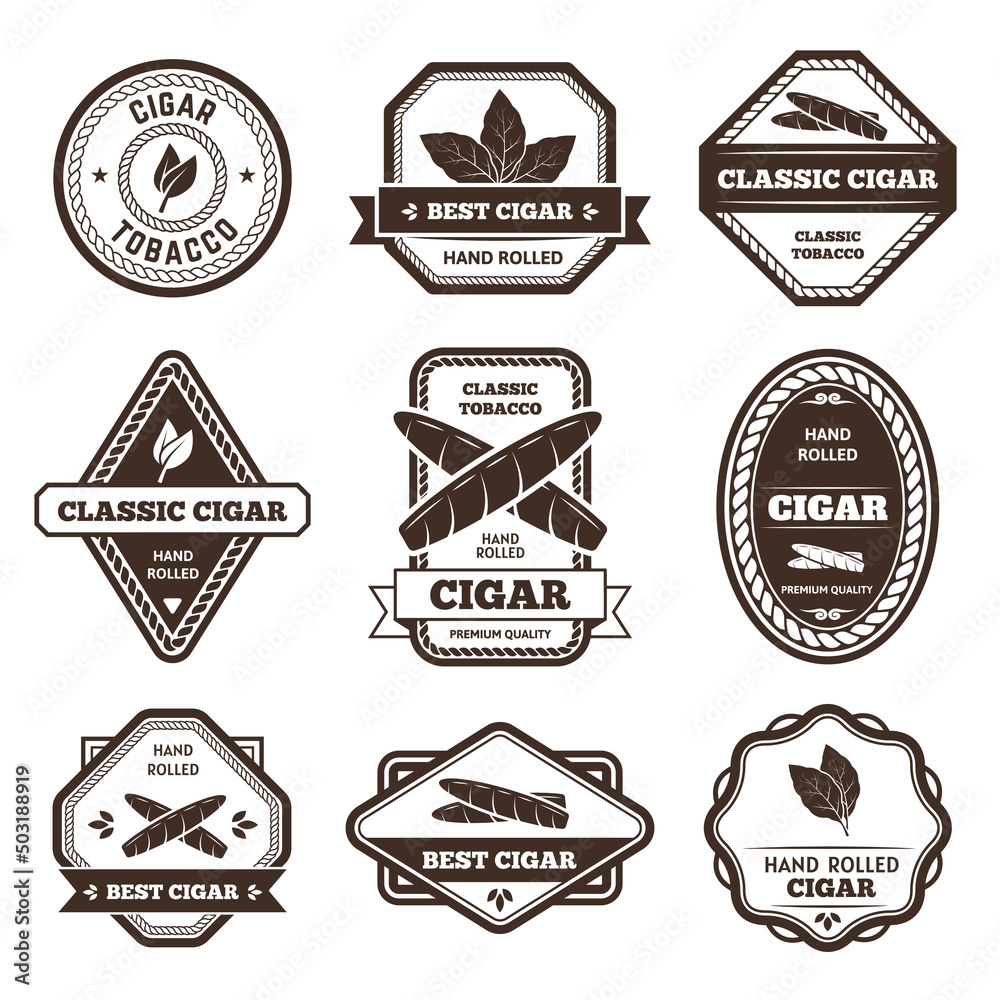 Cigar labels. Classic tobacco leaf sign, hand rolled cigarette and nicotine product badges vector set