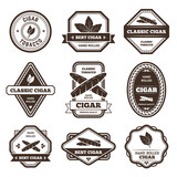 Cigar labels. Classic tobacco leaf sign, hand rolled cigarette and nicotine product badges vector set