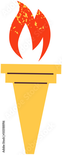 Torch with flame isolated on white background. Symbol of sports, tournament. Fire as sign of Olympic Games start. Torch with flame for grand opening of competition. Olympic fire above flambeau